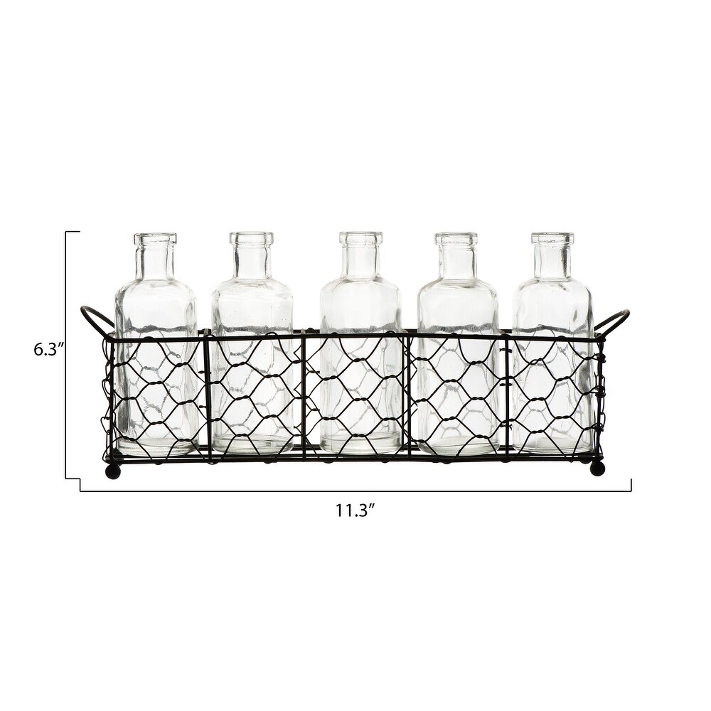 5 Glass Vase Bottles on a Rectangle Metal Holder with Handles   12.8\