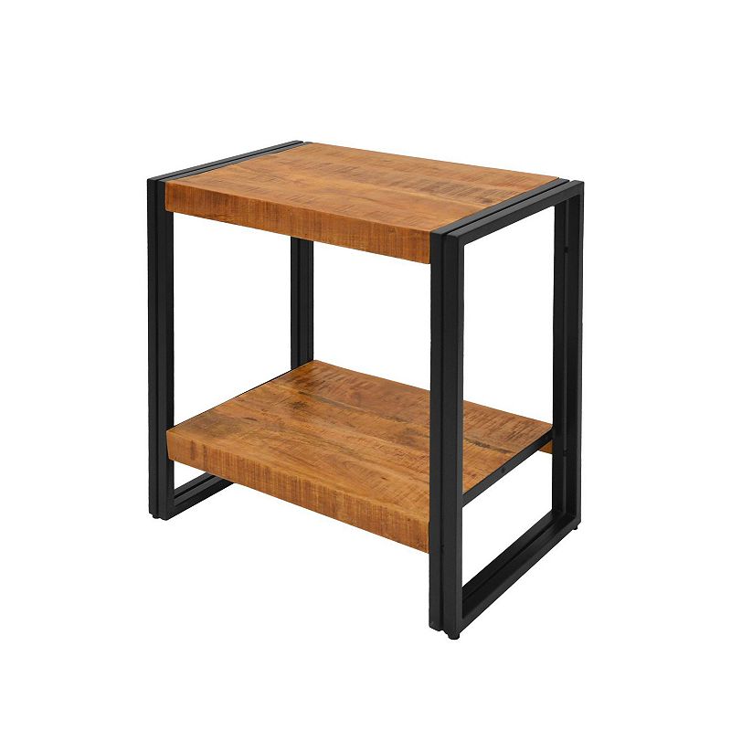 24 Inch Wooden Farmhouse Side Table with Open Compartment， Brown and Black