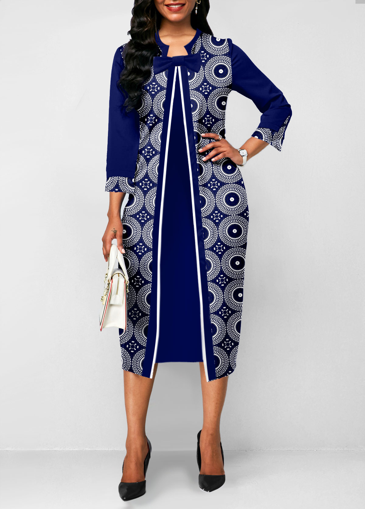 Tribal Print Fake 2in1 Navy Dress