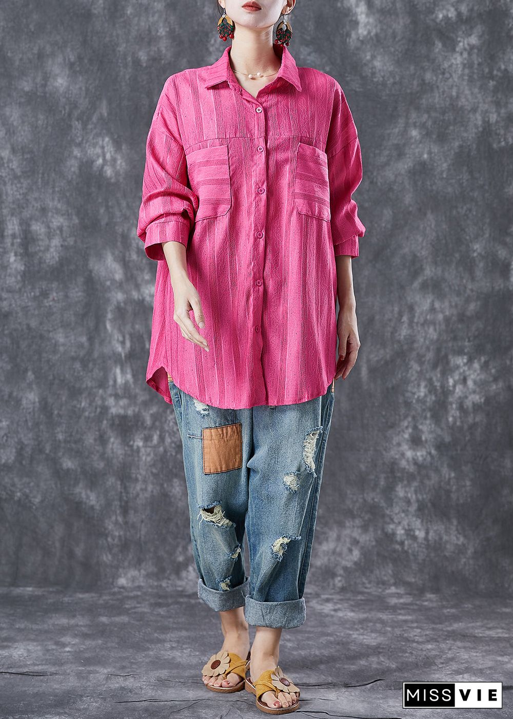 Modern Rose Oversized Striped Cotton Shirt Top Summer