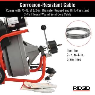 RIDGID K-400 AutoFeed Drain Cleaning Snake Auger 120-Volt Drum Machine and C-45IW 12 in. x 75 ft. Cable + Tool Set  Gloves 27013