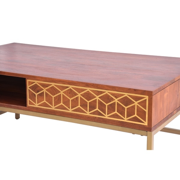 Kalyn 43 Inch Acacia Wood Coffee Table， Geometric Design Print， 1 Open Compartment， Natural Brown， Brass