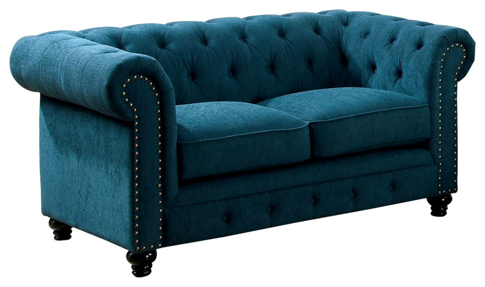 Benzara BM263137 Loveseat With Button Tufted Backrest  ampRolled Design Arms  Blue   Eclectic   Loveseats   by Uber Bazaar  Houzz