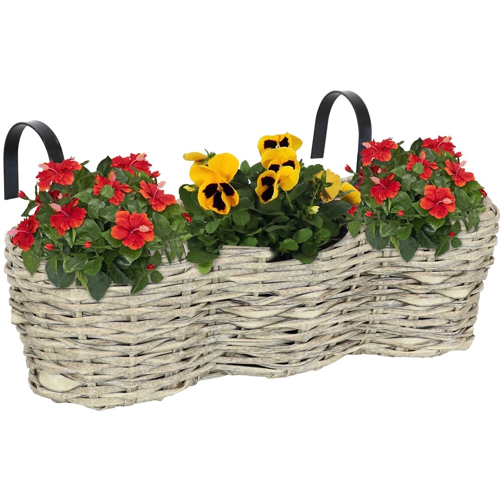 Sunnydaze Round Polyrattan Over the Rail Tri Planter   Frost