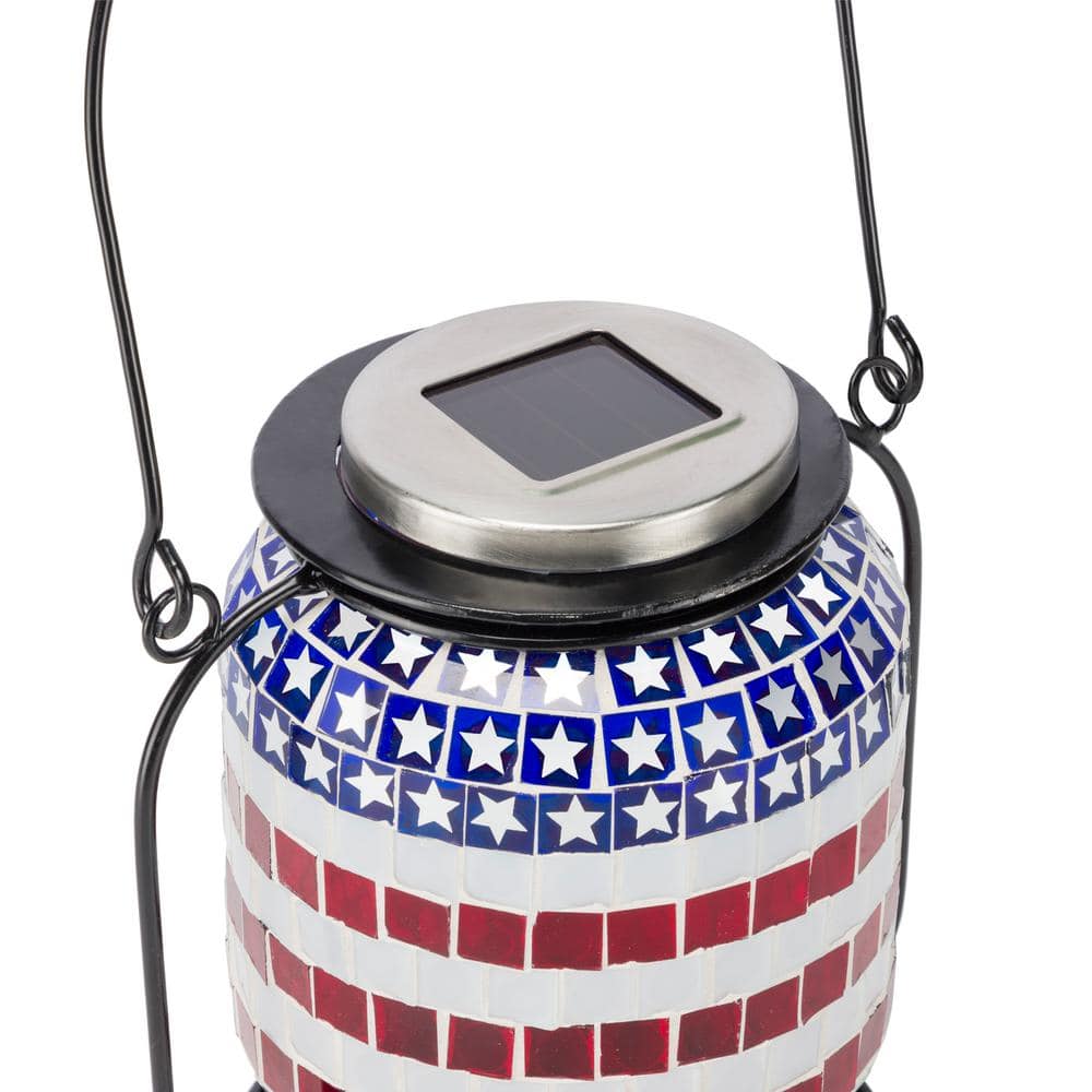 Alpine Corporation 7 in. Tall Hanging Solar Powered Outdoor Patriotic Lantern with LED Lights SLL2224SLR