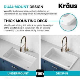 KRAUS Turino Gloss White Fireclay 33 in. Single Bowl Drop-InUndermount Workstation Kitchen Sink KFDW1-33GWH