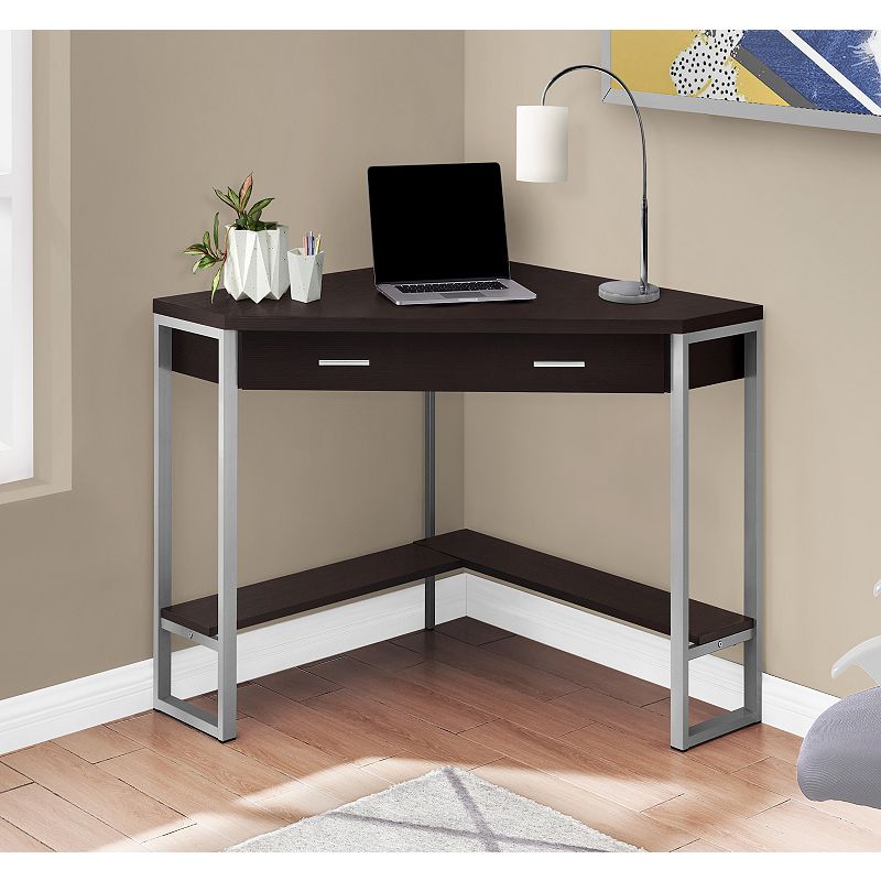 42 Coffee Brown and Silver L-Shaped Contemporary Computer Desk