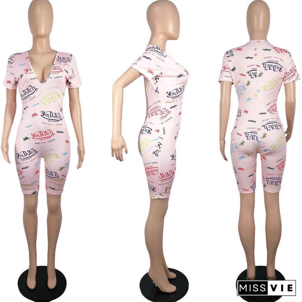 Printed Holes Sexy Short-Sleeved V-Neck Jumpsuit