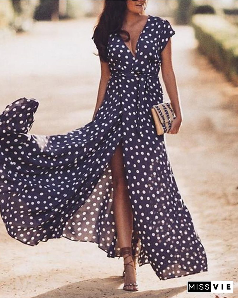 Women's Swing Dress Maxi long Dress Short Sleeve Polka Dot Hot Navy Blue S M L XL XXL 3XL