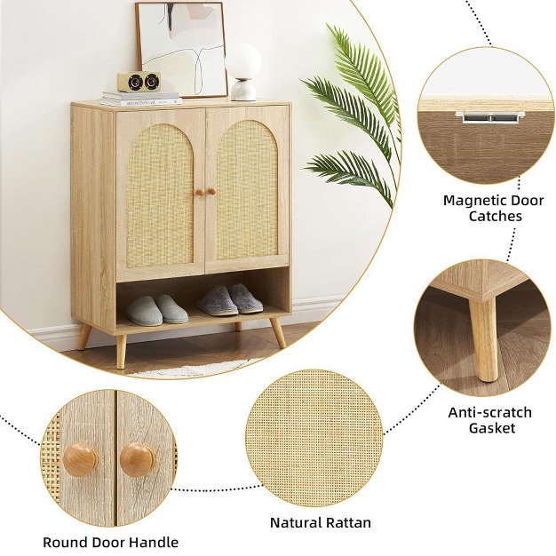 Trinity Natural Rattan Shoe Cabinet 2 Door With 4 tier Adjustable Shelves Shoe Rack Storage Cabinet Console Table For Entrance Hallway