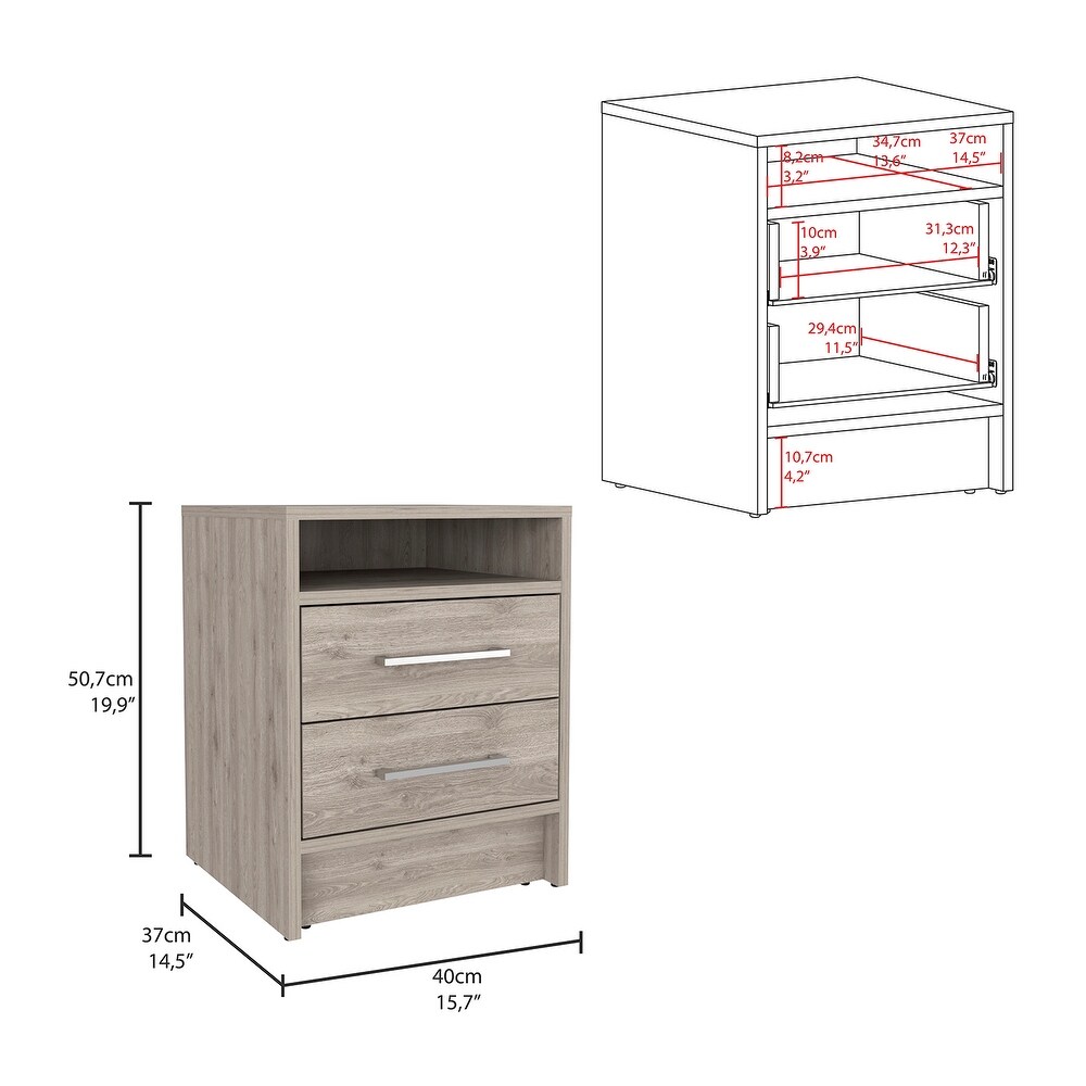 Wooden Nightstand with Two Drawers and Metal Handles