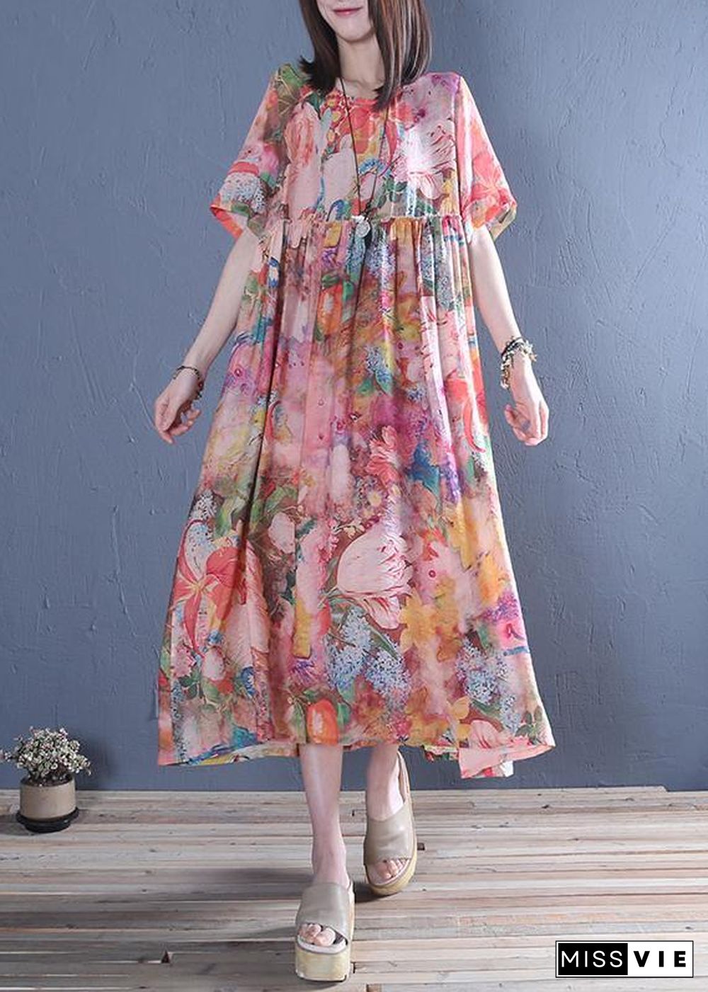 Style o neck Cinched cotton tunic dress Fashion pink print Maxi Dress