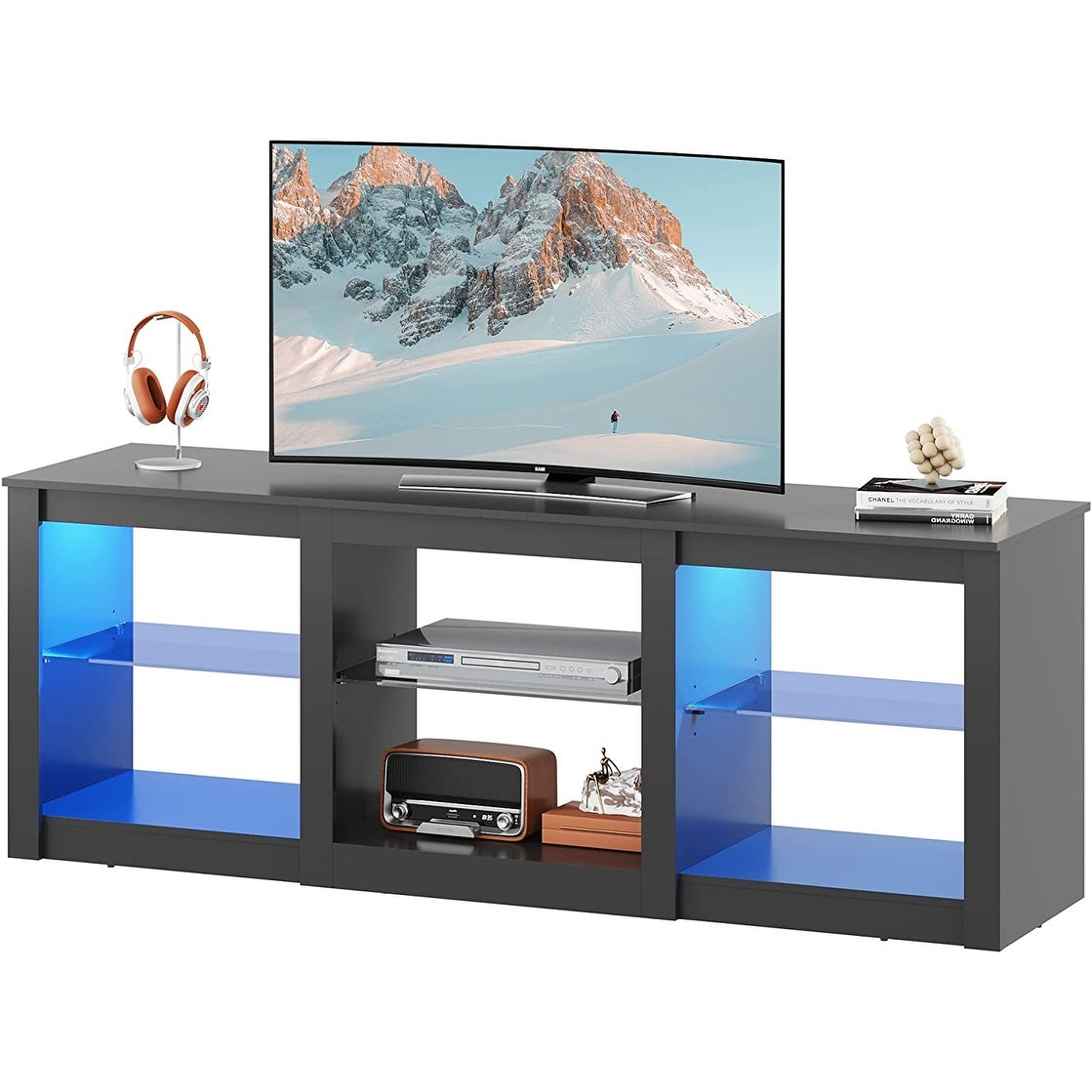 TV Stand with LED Lights for TVs up to 65 inch， Entertainment Center with Glass Shelves， Modern TV Stand for Living Room