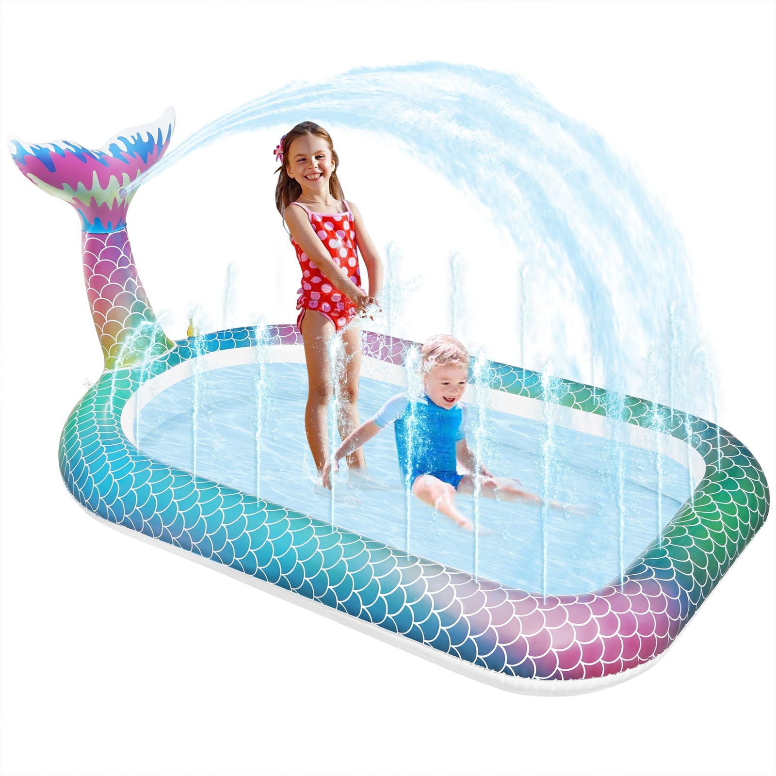 Inflatable Mermaid Swimming Pool, Kiddie Pool with Sprinkler, 40" X 68" X 30" Blow up Pool for Kids Toddlers, Lounge Above Ground Pool for Backyard Indoor Outdoor for Age 3+