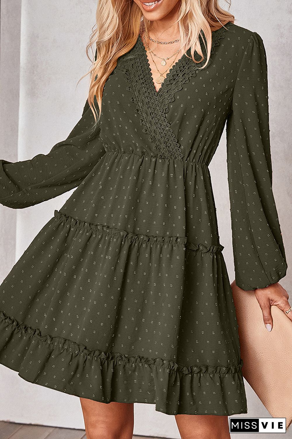 Swiss Dot Lace Crochet Long Sleeve Ruffle Dress