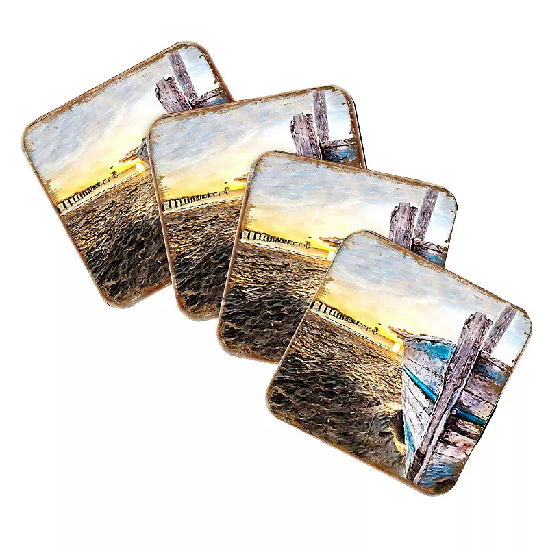 Beach Boat Coastal Wooden Cork Coasters Gift Set of 4 by Nature Wonders