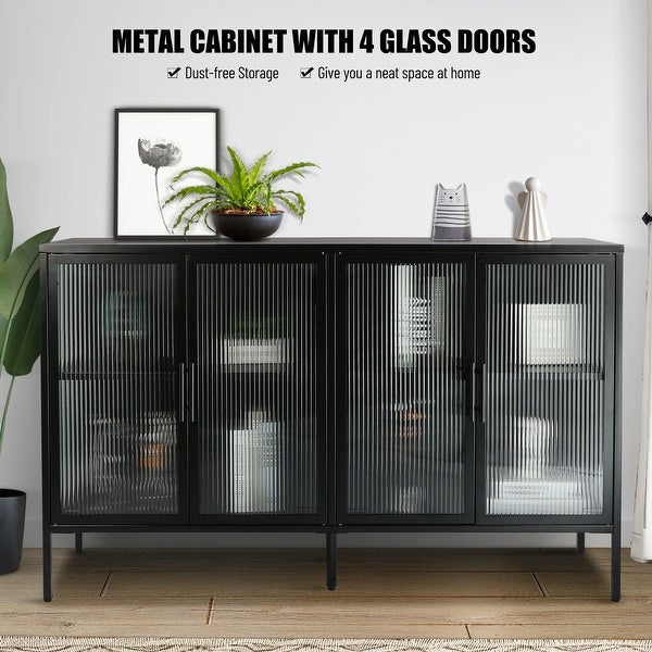 4 Glass Doors Buffet Storage Cabinet with Adjustable Shelves