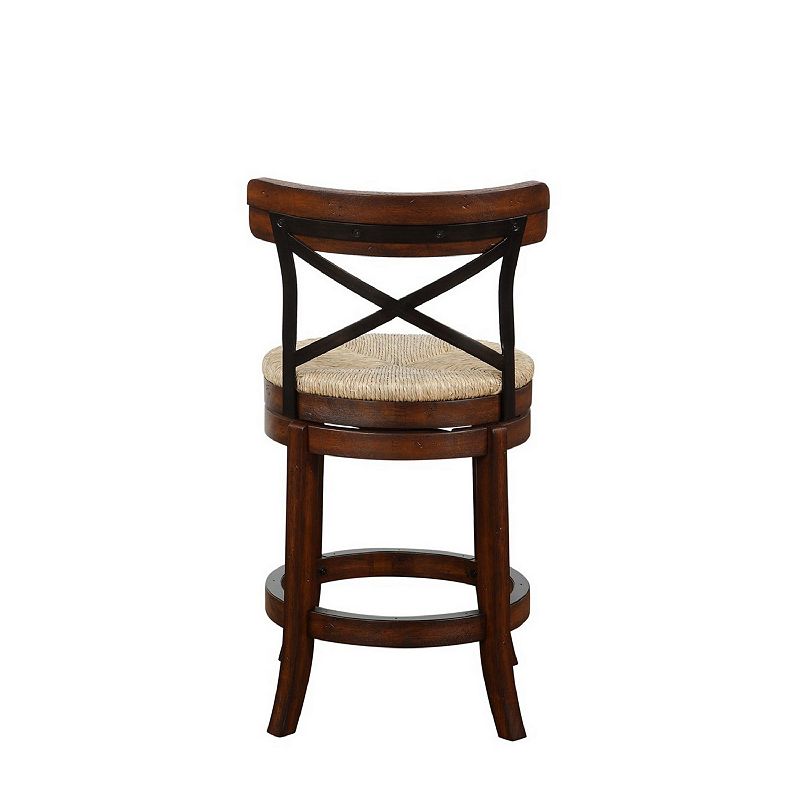 Mia 24 Inch Swivel Counter Stool， Crossed Metal Back， Sedge Seat， Brown