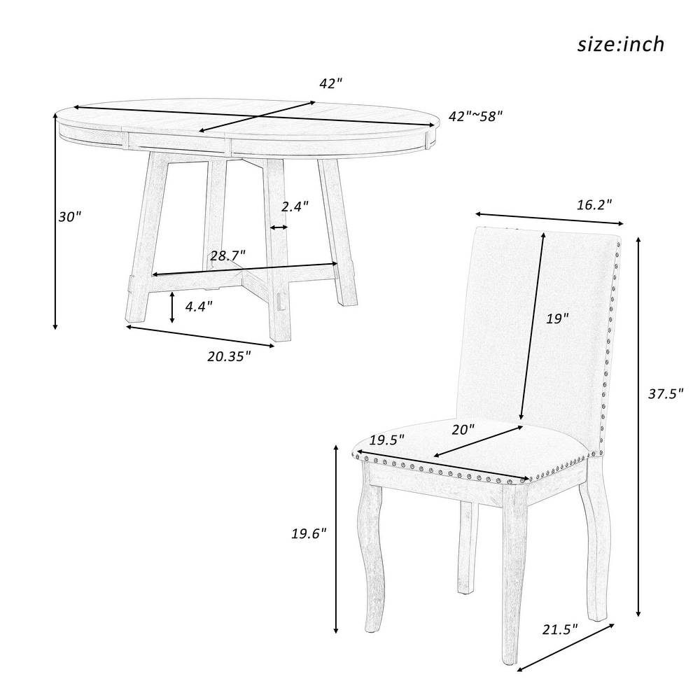 5 Piece Wood Round Extendable Dining Table with 4 Upholstered Dining Chairs