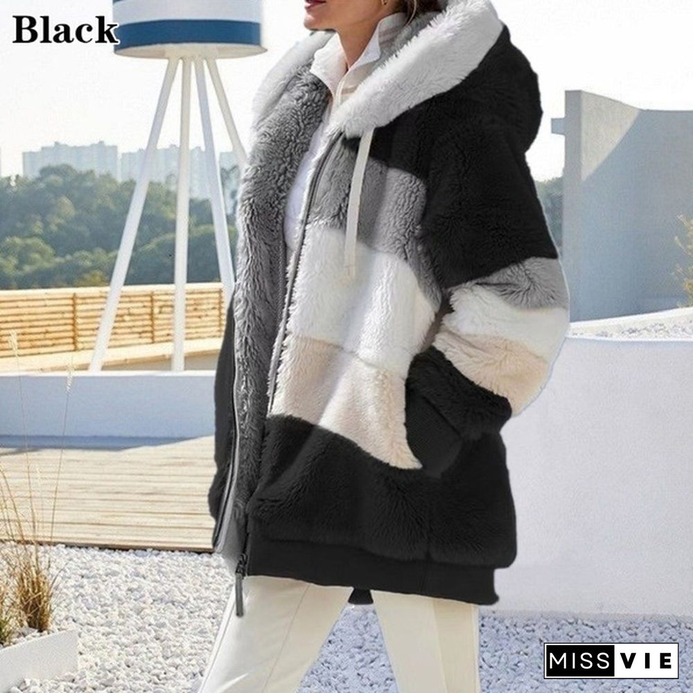 New Winter Women's Jacket Hooded Warm Plush Loose Jacket for Women Patchwork Winter Outerwear Faux Fur Zipper Ladies Parka Coat Plus Size