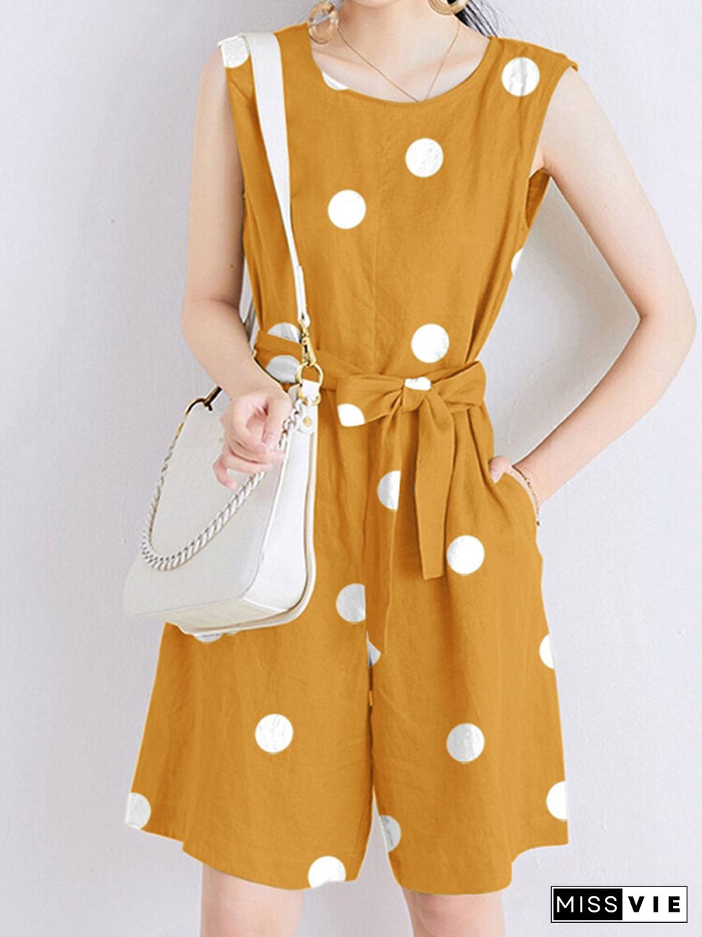 Dot Print Pocket Sleeveless Casual Romper With Belt