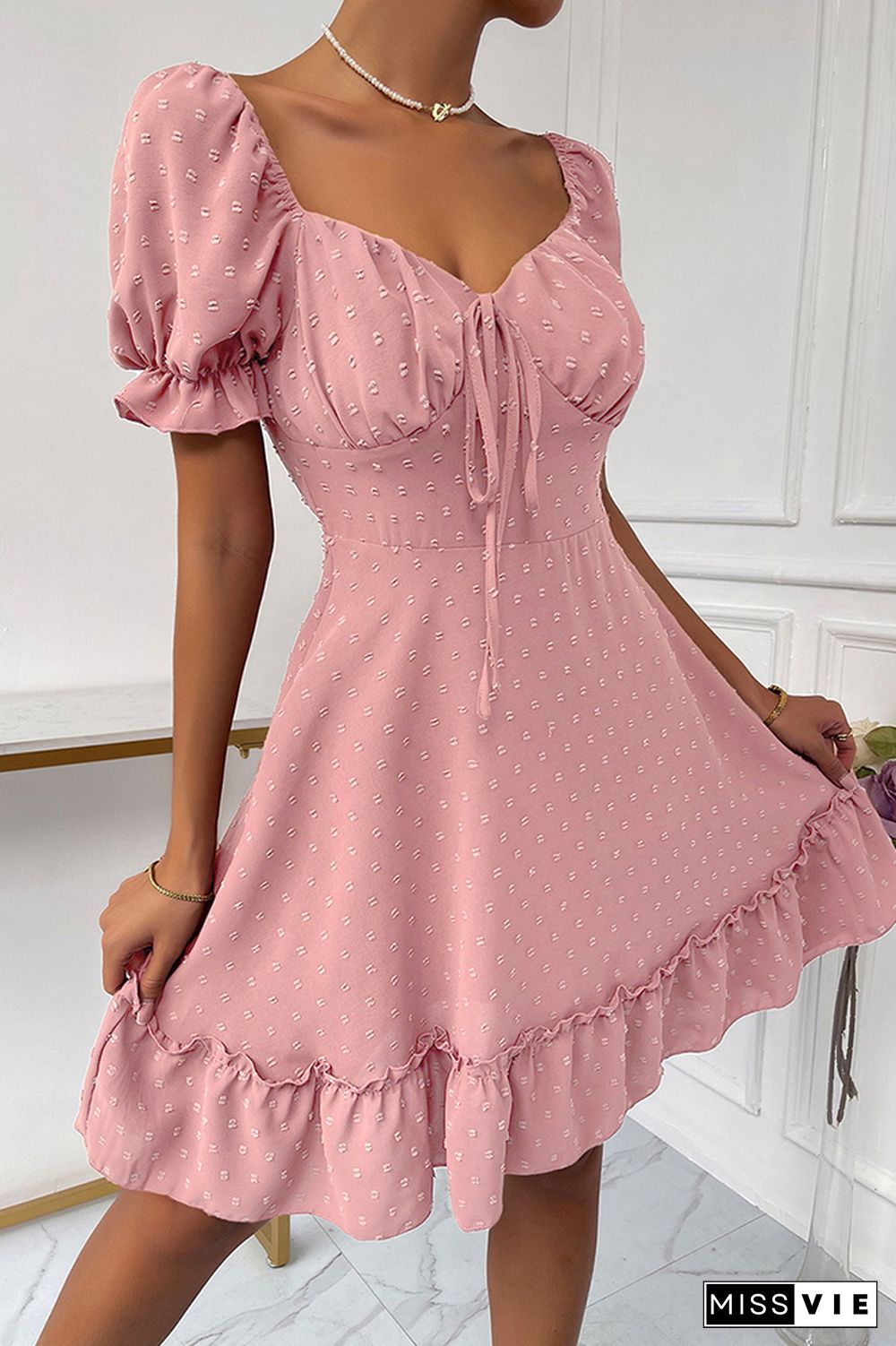 Solid Polka Dot Ruffle Short Sleeve Dress Wholesale