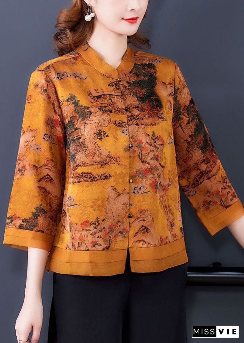 Beautiful Yellow Stand Collar Print Silk Blouse Tops Bracelet Sleeve