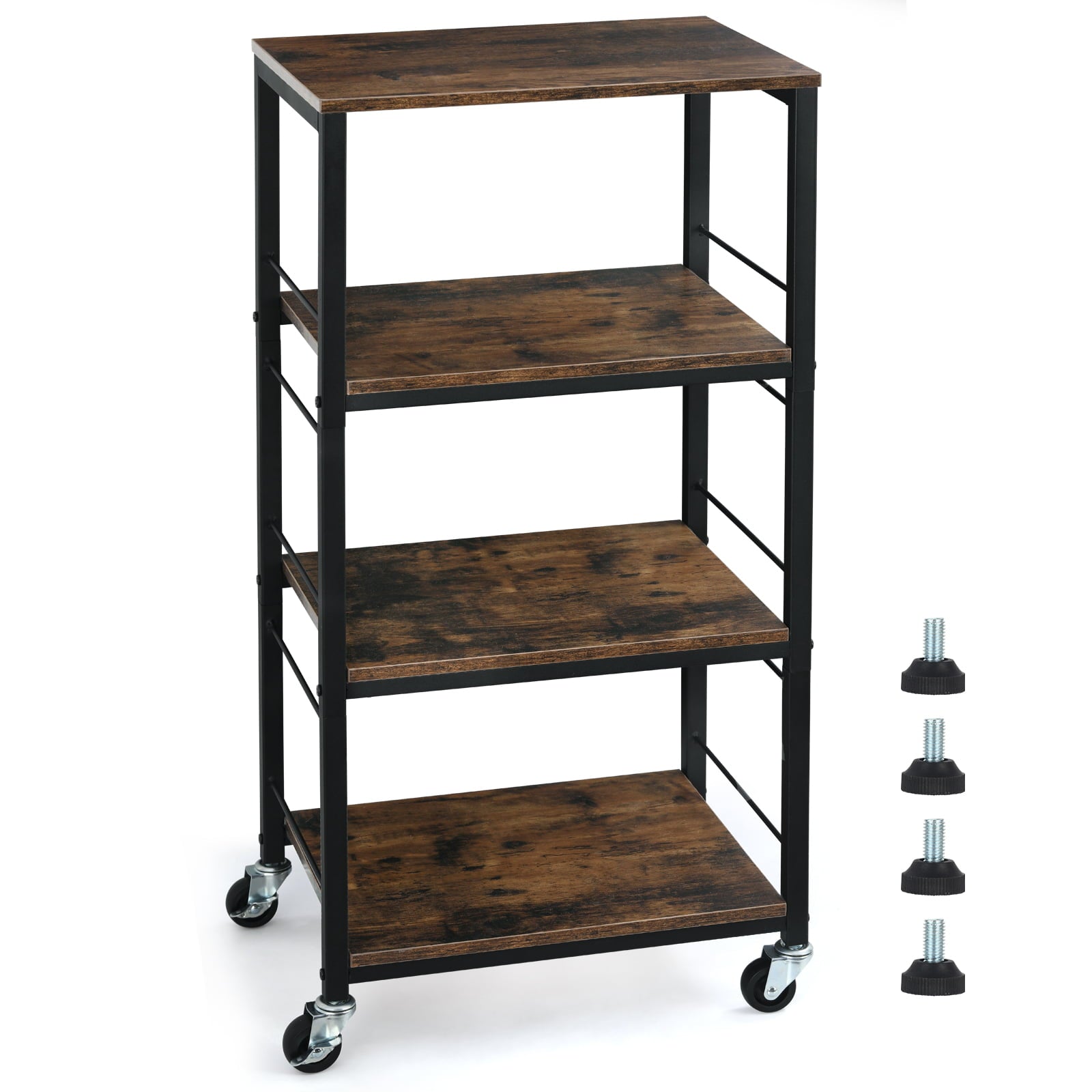 Standing Kitchen Utility Storage Shelf Rack， 4-Tier Kitchen Baker’s Rolling Cart on Wheels ，12.8D x 16.9W x 34.6H