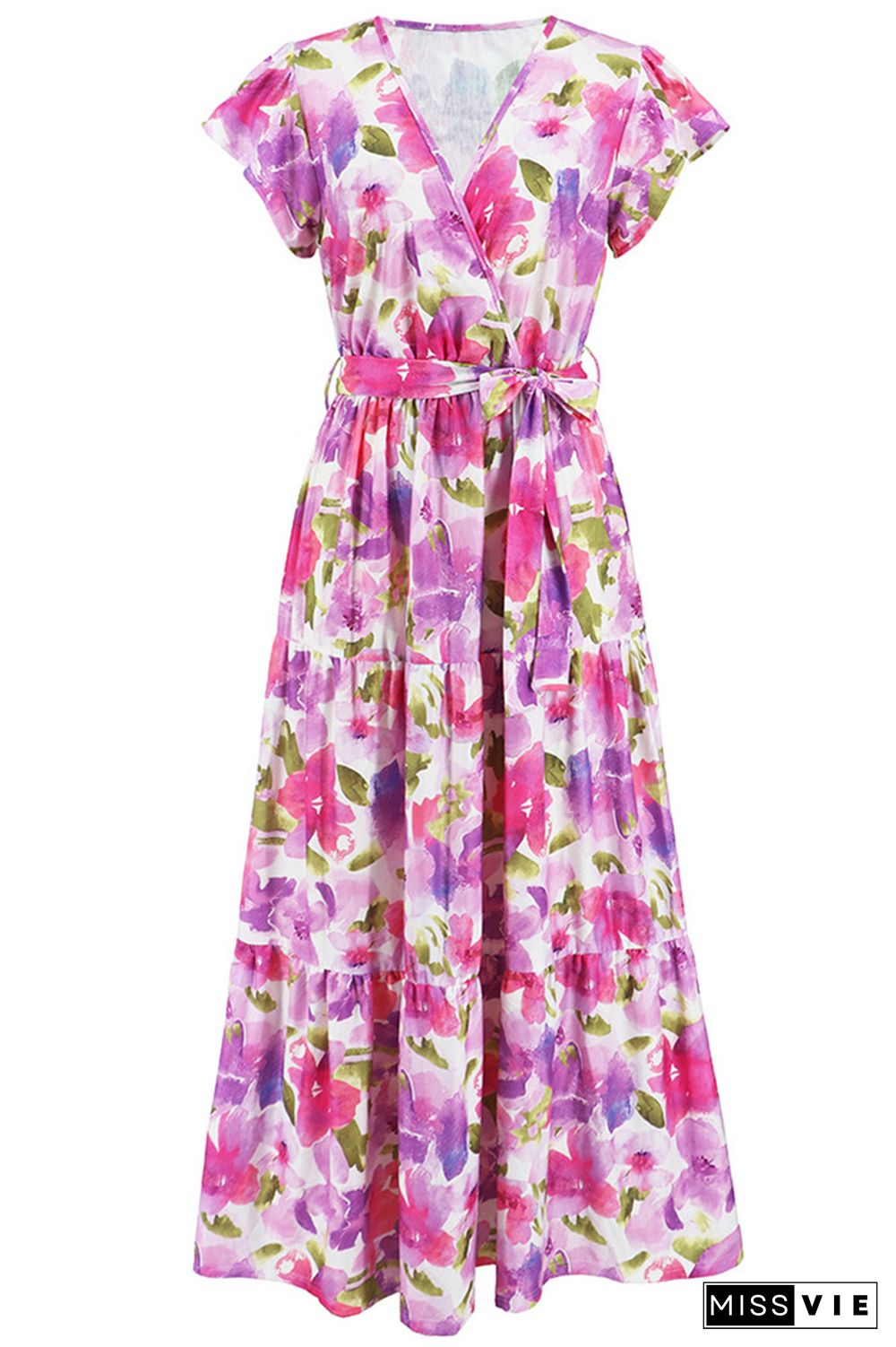 V Neck Flare Sleeves Floral Maxi Dress With Sash