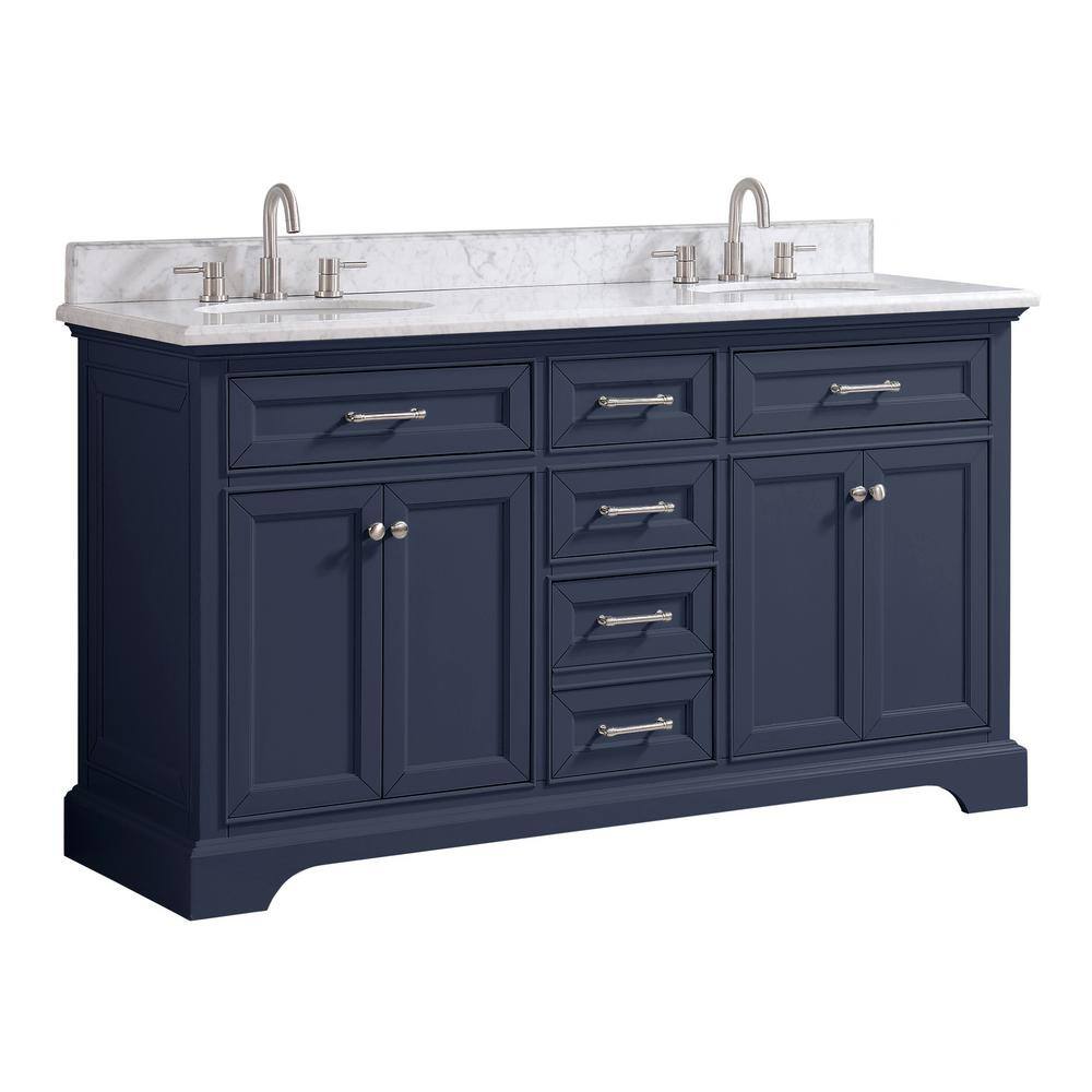 Home Decorators Collection Windlowe 61 in. W x 22 in. D x 35 in. H Freestanding Bath Vanity in Navy Blue with Carrara White Marble Marble Top 15101-VS61C-NB