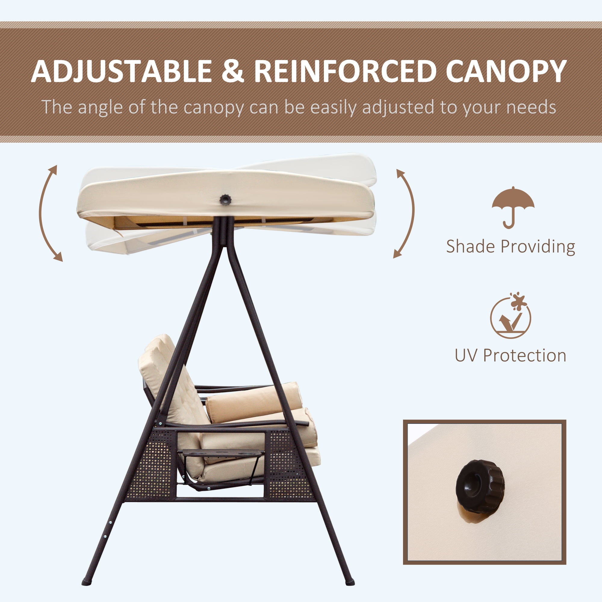 Outsunny 3 People Steel Outdoor Canopy Patio Cushioned Bench Porch Swing, Beige