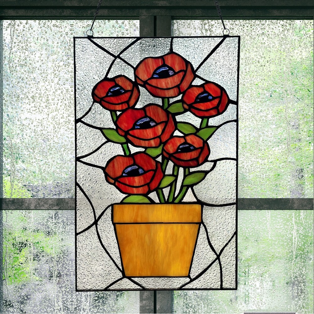 River of Goods Juliet River of Goods 16 Inch Red Flowers in Pot Stained Glass Window Panel   10\