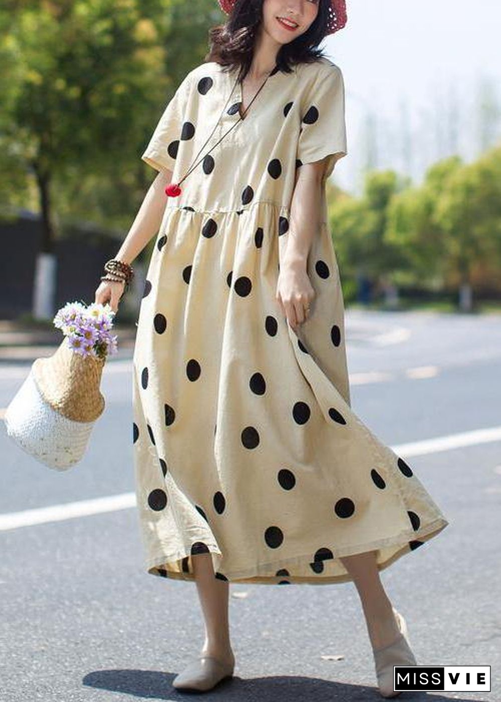 Unique linen Wardrobes Casual Polka Dot V-Neck Loose Linen Dress