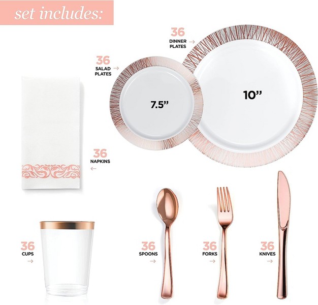 Chateau Fine Tableware 252 piece Rose Gold Plates Napkins Party Supplies Dinnerware For Adults 36 Sets