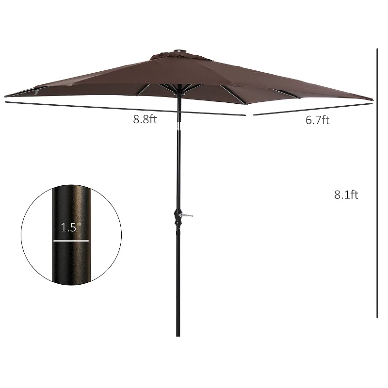 Outsunny 9' x 7' Patio Umbrella Outdoor Table Market Umbrella with Crank Solar LED Lights 45 degree Tilt Push Button Operation for Deck Backyard Pool and Lawn White