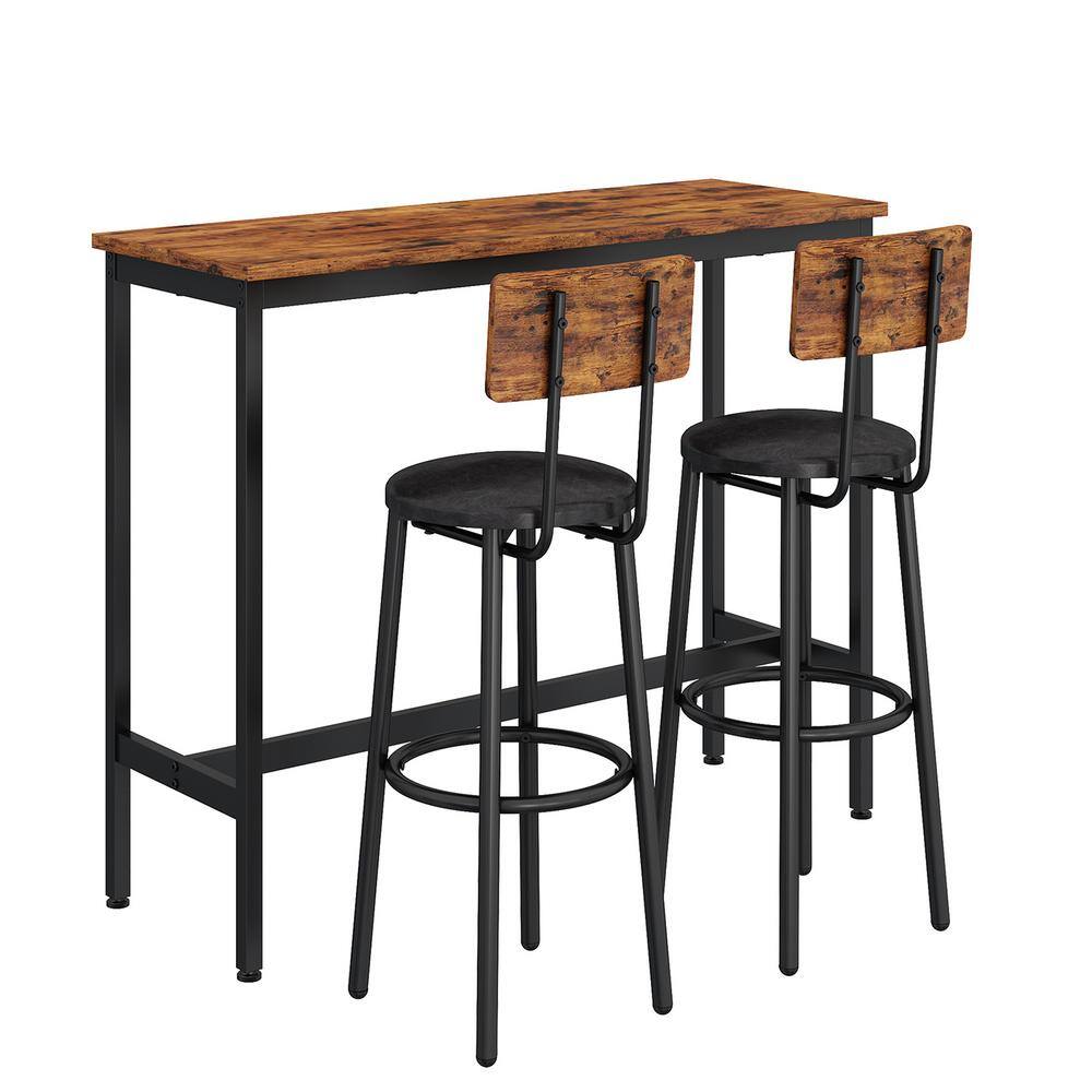 mieres Industrial 3-Piece Rectangle Rustic Brown Wooden Top Bar Table Set with 2 Faux Leather Upholstered Bar Stools for Two LLPW116242792