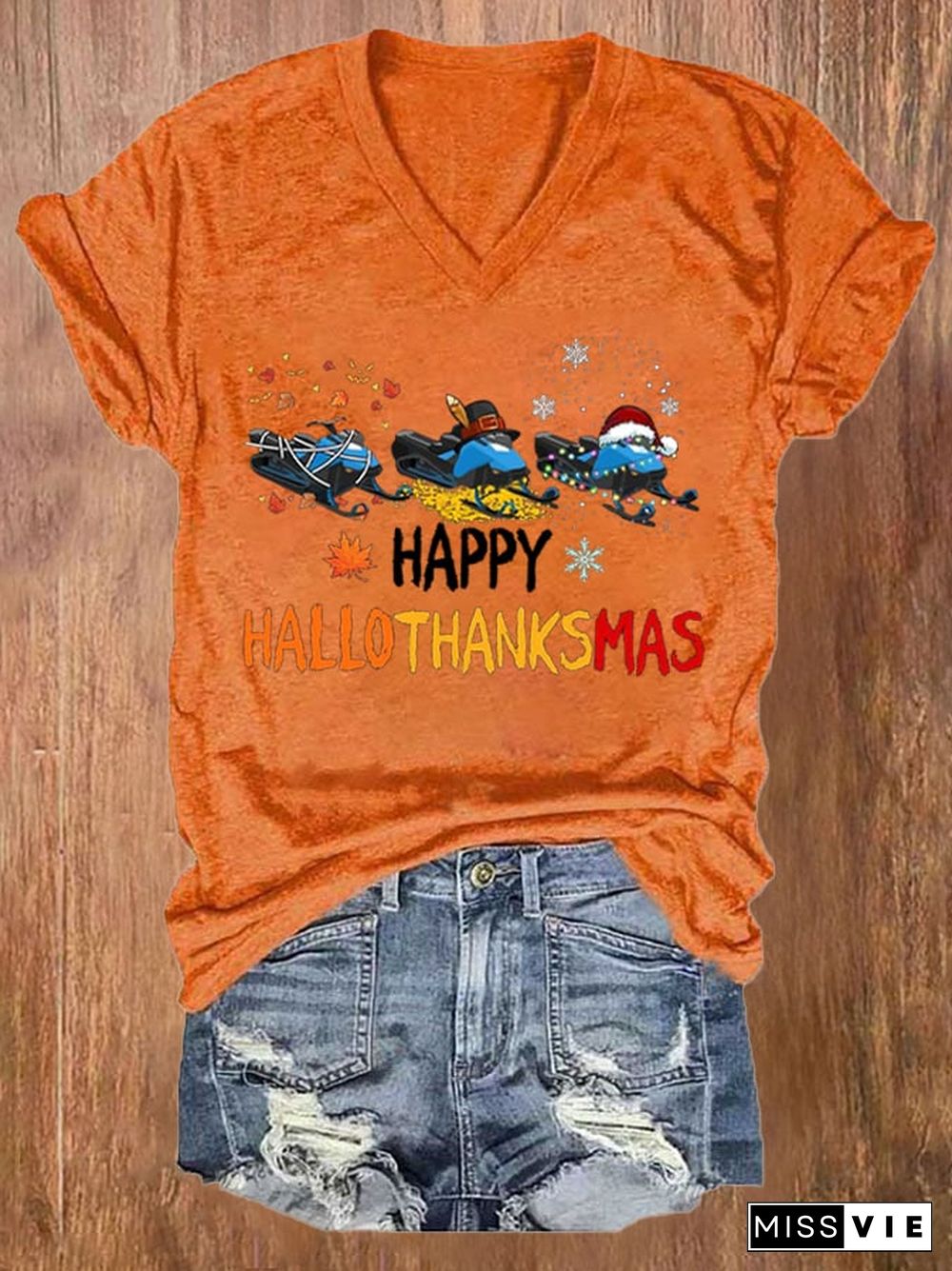 Women's Casual Happy Hallothankmas Print Short Sleeve T-Shirt