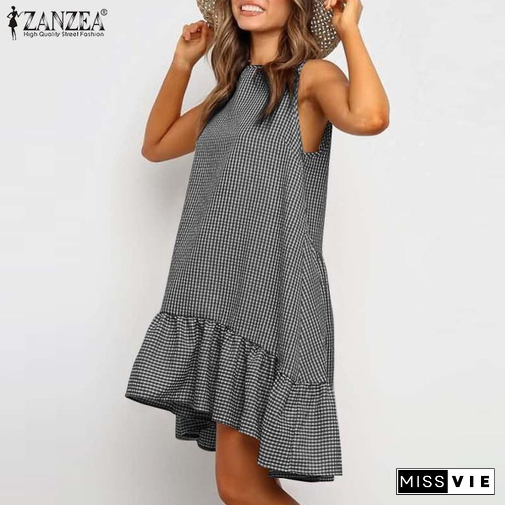 Women Fashion Mini Shirt Dress Crew Neck Ladies Holiday A-Line Grid Check Tiered Sundress