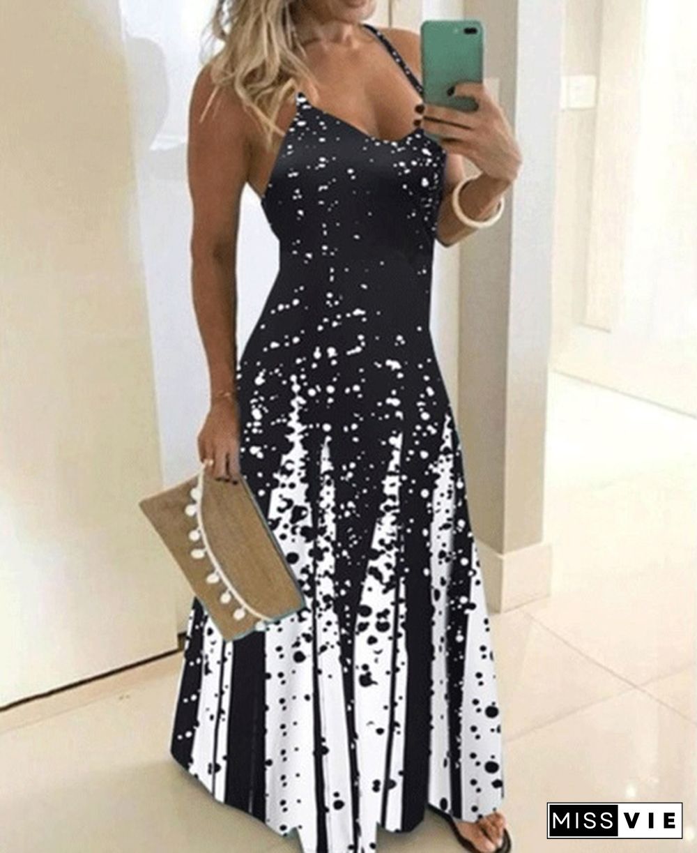 New Summer Fashion Women Boho Styles Casual Sleeveless Maxi Dress Ladies Floral Printed Spaghetti Strap V-Neck Big Swing Dress Party Dresses