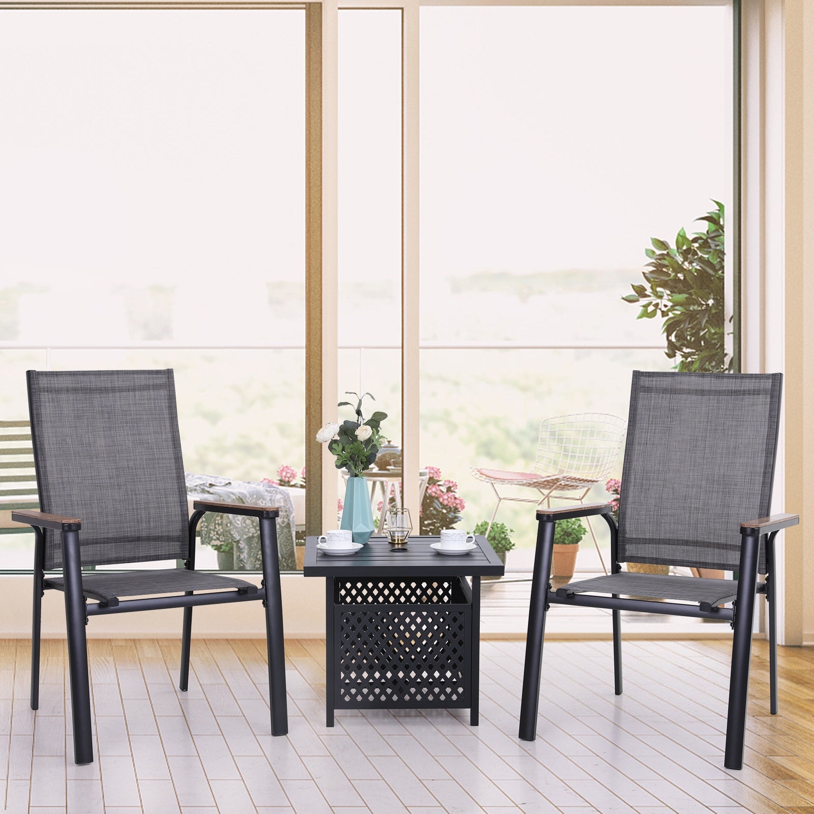 3-Piece Bistro Set， 2 x Aluminium Stackable Dining Chairs and 1 x Side Table with Umbrella Hole - Overstock - 33248245