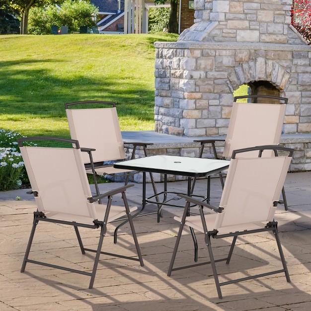 Costway 4 Pcs Patio Folding Sling Dining Chairs Armrests Steel Frame Outdoor Beige grey