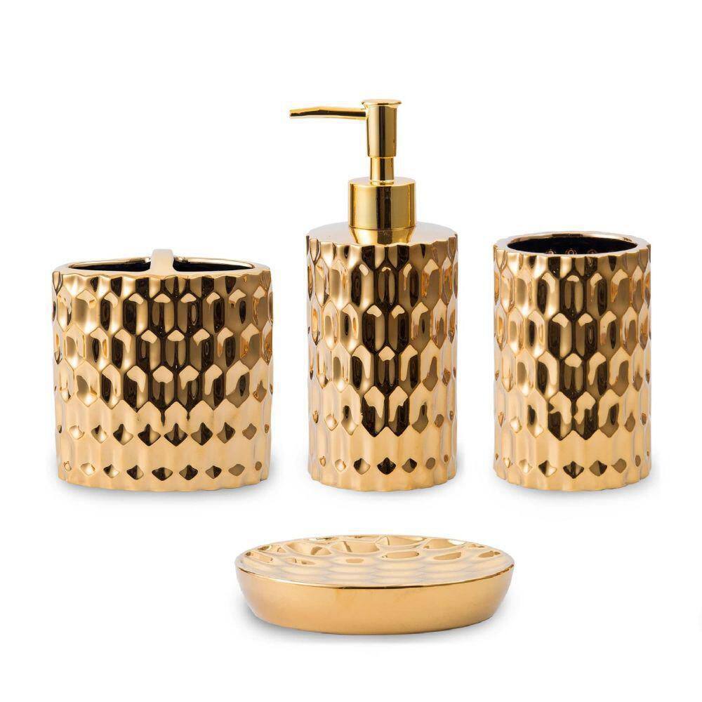 Dracelo 4-Piece Bathroom Accessory Set with Toothbrush Cup Soap Dispenser Soap Dish Tumbler in Gold B09YC7P61W