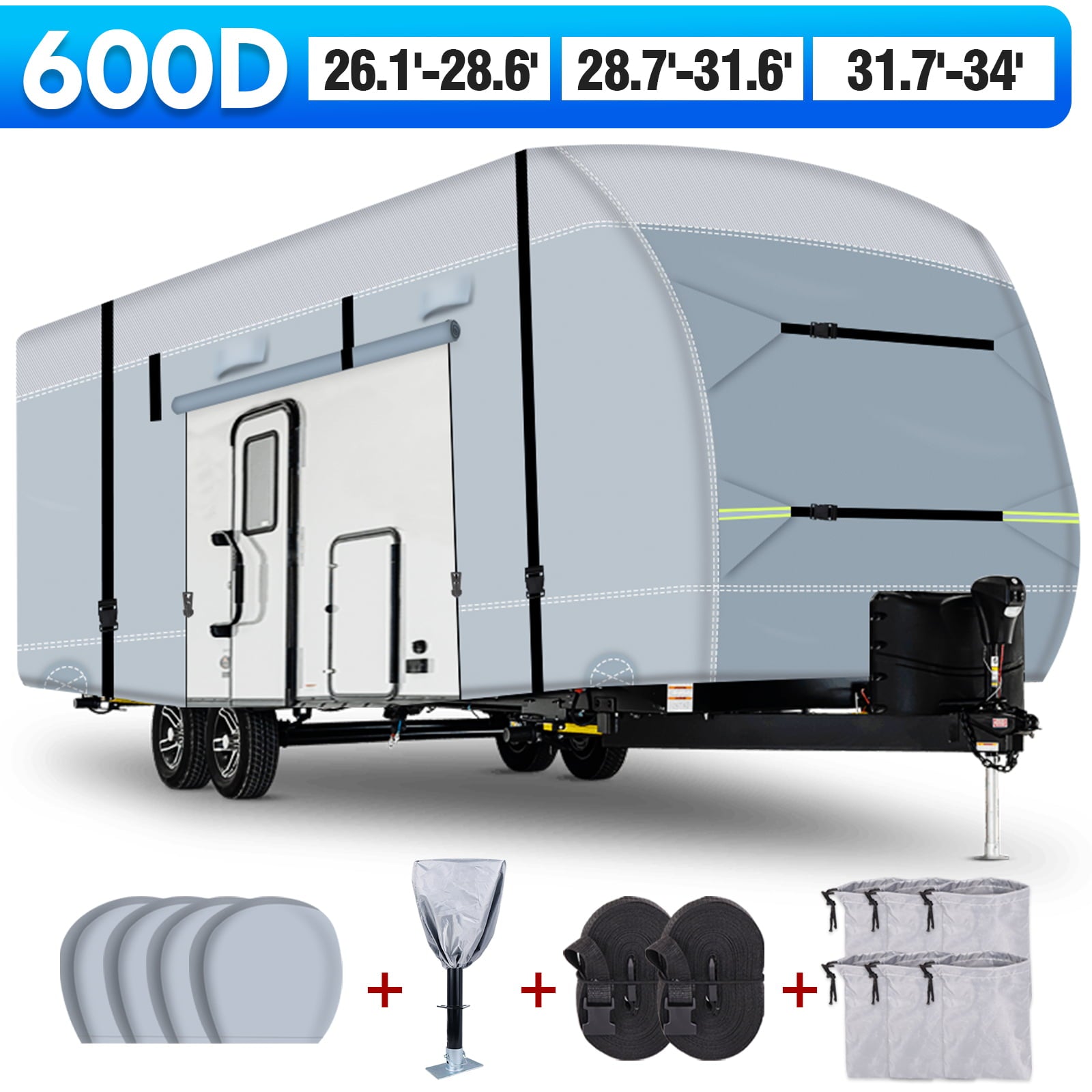 YEOPGYEON Travel Trailer RV Cover 600D Oxford Cloth，31.7'-34' Waterproof 6 Layers with 4 Tire Covers，Tongue Jack Cover，Waterproof Anti-Uv Prevent Top Tearing Caused by Sun Exposure