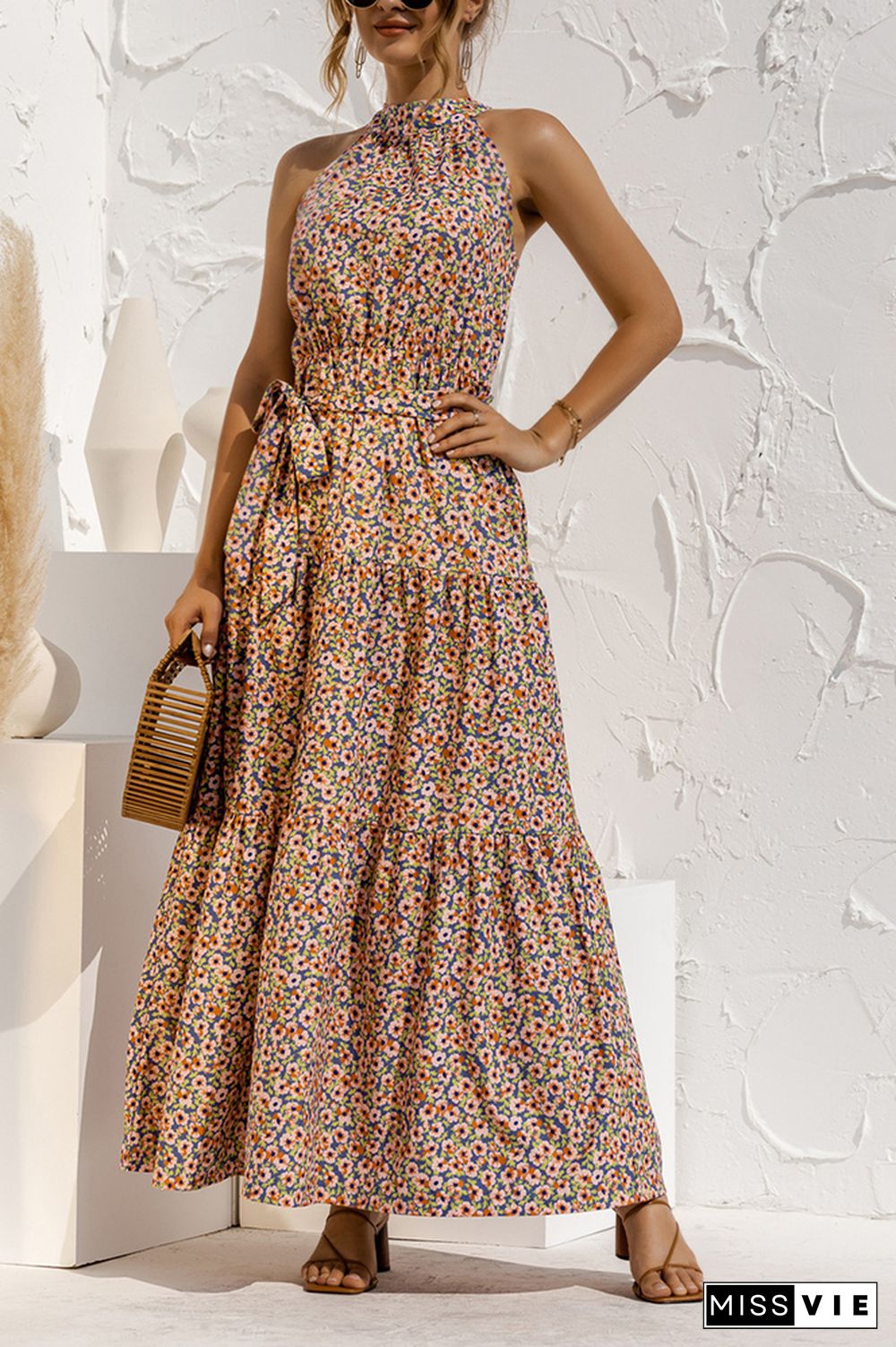 Halter Polka Dot Print Tie Waist Maxi Dress Wholesale