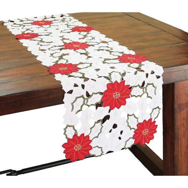 Holiday Poinsettia Embroidered Cutwork Mini Table Runner，12 by 28Inch