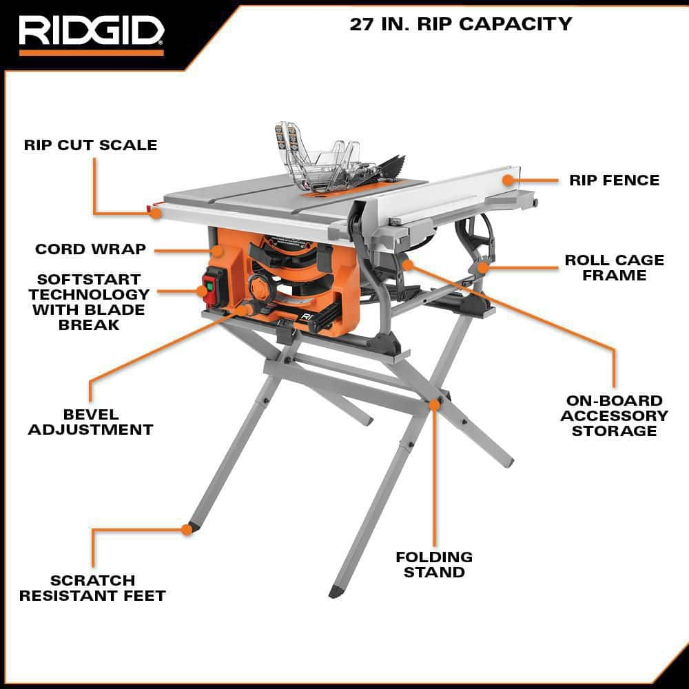 RIDGID 15 Amp 10 in. Portable  Corded Jobsite  Table Saw with Folding Stand R4518