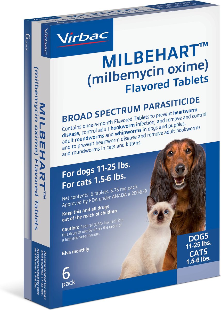 Milbehart Flavored Tablets for Dogs， 11-25 lbs， and Cats， 1.5-6 lbs， (Blue Box)