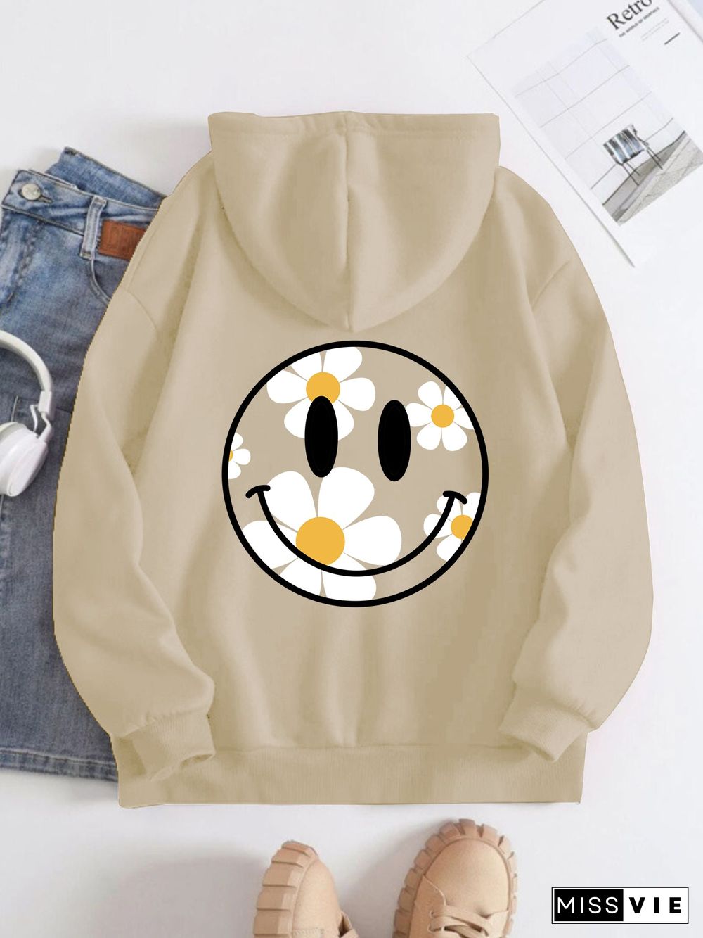 Printed on the Back Kangaroo Pocket Hoodie Long Sleeve for Women Pattern Smiley face and flowers