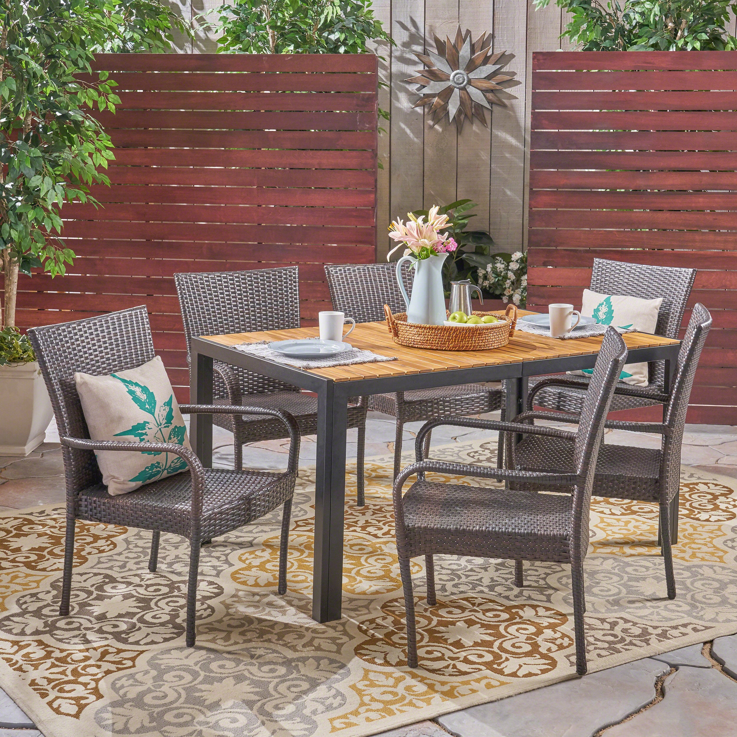 Lorraine Outdoor 6-Seater Rectangular Acacia Wood and Wicker Dining Set, Teak with Black and Multi Brown