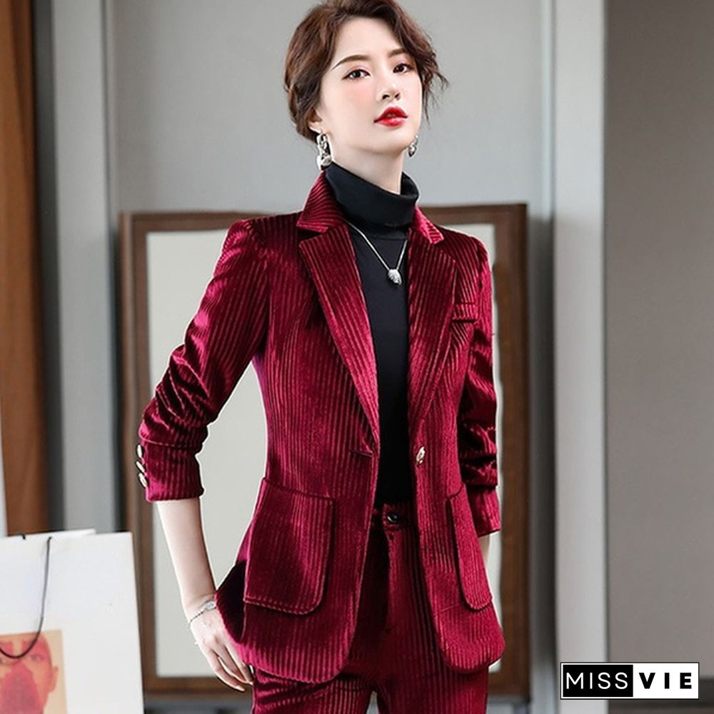 Women Flare Pants Trousers Bell-Bottoms Suit Set Velvet Blazer Jacket Striped Coat Office Outfits Business Formal